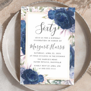 Blue Roses Floral Gold Frame 60th Sixty Birthday Invitation