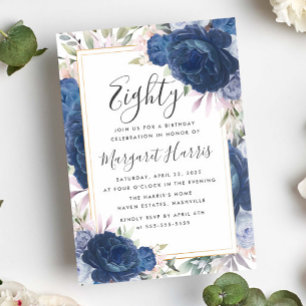 Blue Roses Floral Gold Frame 80th Eighty Birthday Invitation