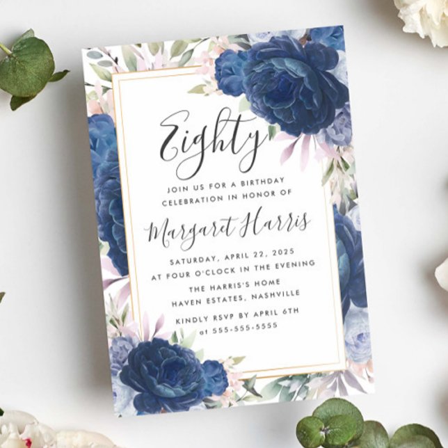 Blue Roses Floral Gold Frame 80th Eighty Birthday Invitation (Creator Uploaded)