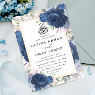 Blue Roses Floral Islamic Muslim Wedding Invitation