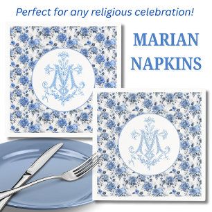 Blue Roses Floral Marian Cross Religious Mary Napkin