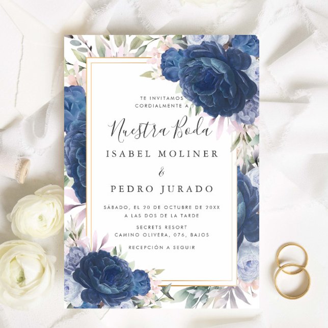 Blue Roses Floral Nuestra Boda Spanish Wedding Invitation (Creator Uploaded)