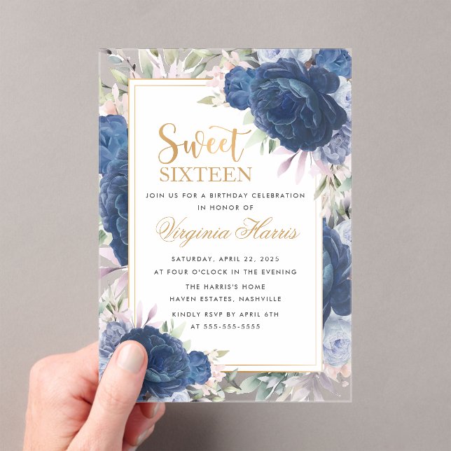 Blue Roses Floral Sweet Sixteen 16 Birthday Acrylic Invitations (Insitu (Handheld))