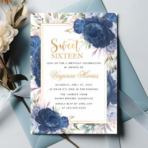 Blue Roses Floral Sweet Sixteen 16 Birthday Invitation