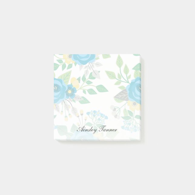 Blue Roses & Forget-Me-Nots Custom Name Post-it Notes (Front)