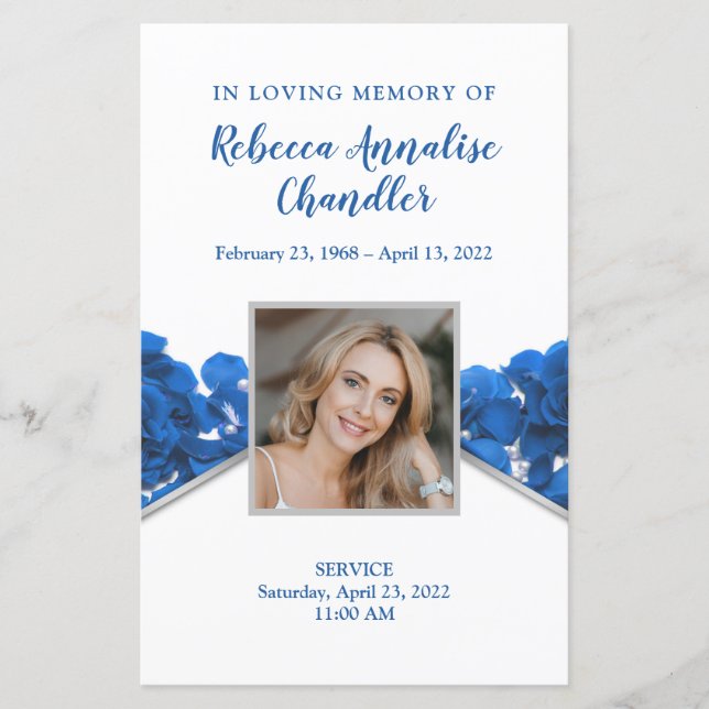 Blue Roses Funeral Memorial Card | 5.5 x 8.5" (Front)