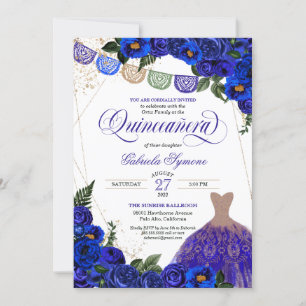 Blue Roses Glitter Dress Fiesta Quinceañera Invita Invitation
