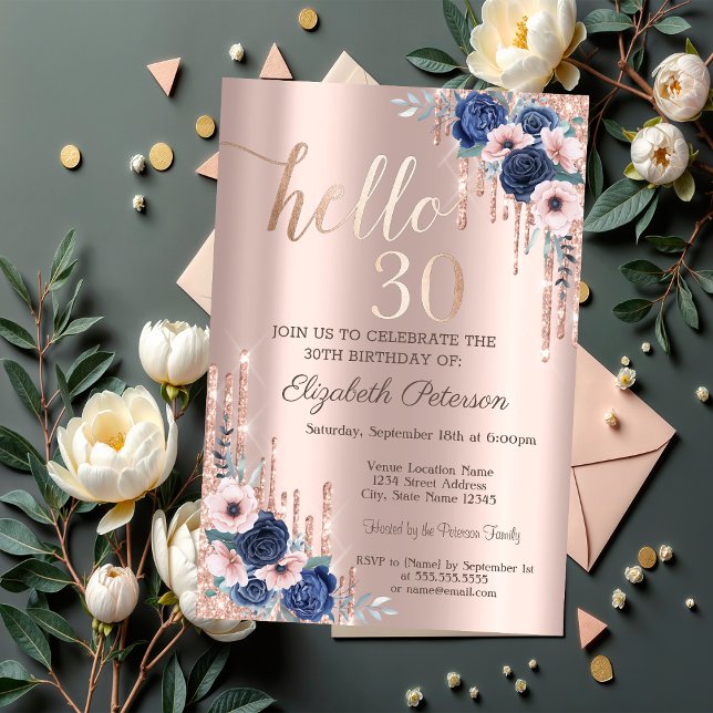 Blue Roses,Glitter Drips Rose Gold 30th Birthday  Invitation (Creator Uploaded)