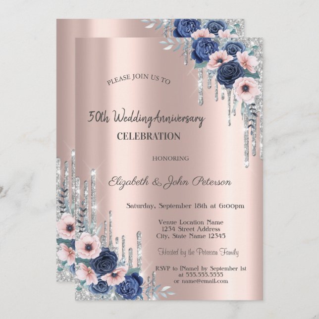 Blue Roses Glitter Drips Rose Gold Anniversary Invitation (Front/Back)