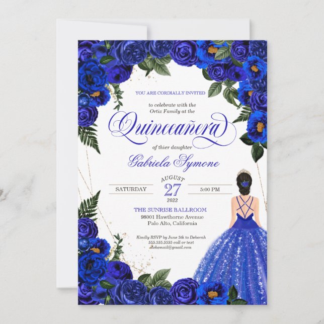 Blue Roses & Gold Fancy Ball Gown Quinceanera  Inv Invitation (Front)