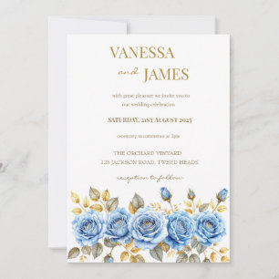 Blue Roses Gold leaves Wedding Invitation