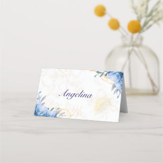Blue Roses Gold Marble Folded Place Card