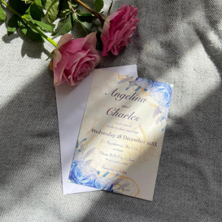 Blue Roses Gold Marble Wedding Invitation