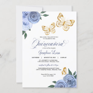 Blue Roses Golden Butterfly Quinceañera Birthday Invitation