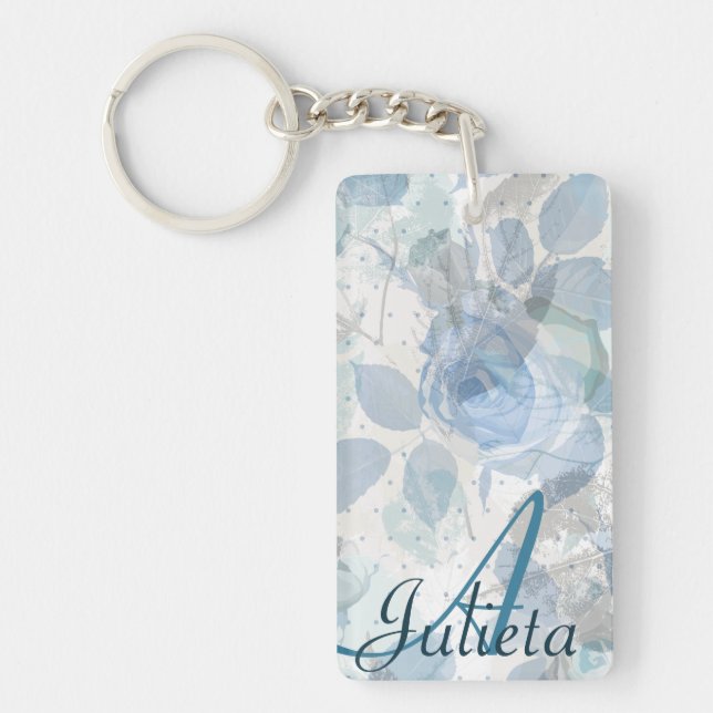 Blue Roses grunge design Monogram Key Ring (Front)