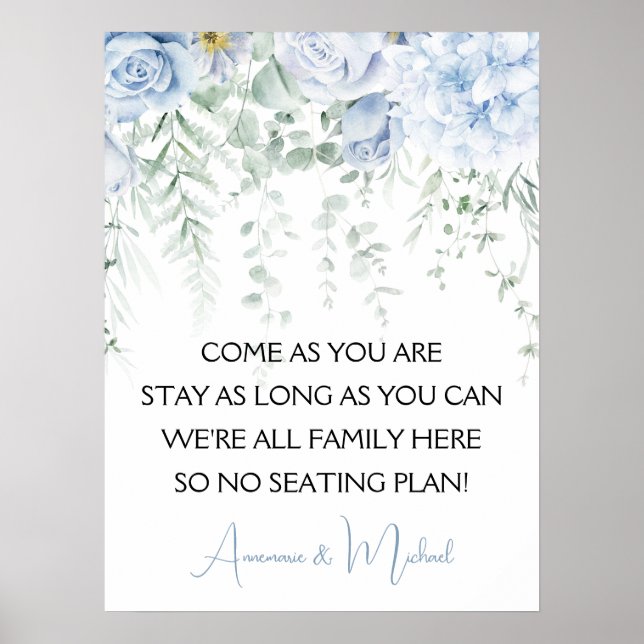Blue Roses Hydrangeas No Seating Plan Wedding Poster (Front)