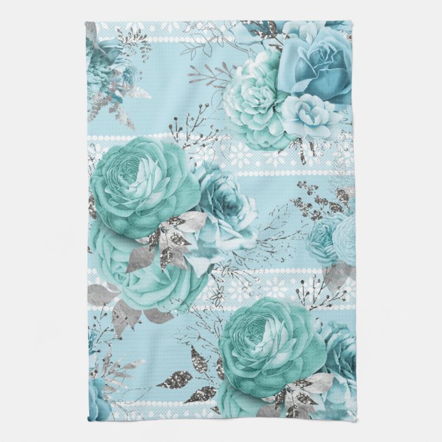 Blue Roses Lace Luxury Tea Towel (Vertical)
