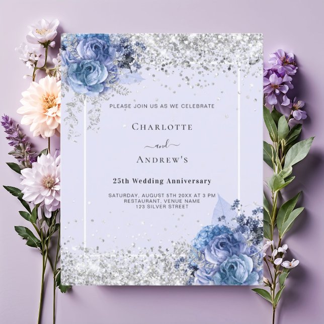 Blue roses lavender silver 25th wedding invitation (Creator Uploaded)