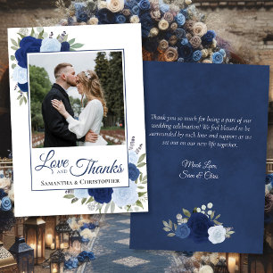 Blue Roses Love & Thanks with Note Wedding Photo Thank You Card