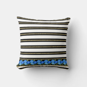 Blue Roses on Black, White, Gold Stripes Cushion