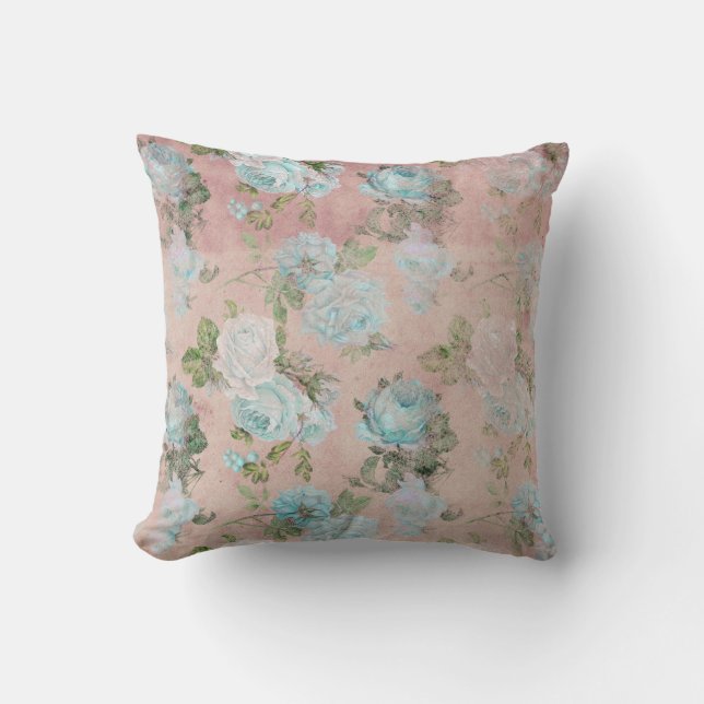 Blue Roses on Blush Pink Cushion (Front)