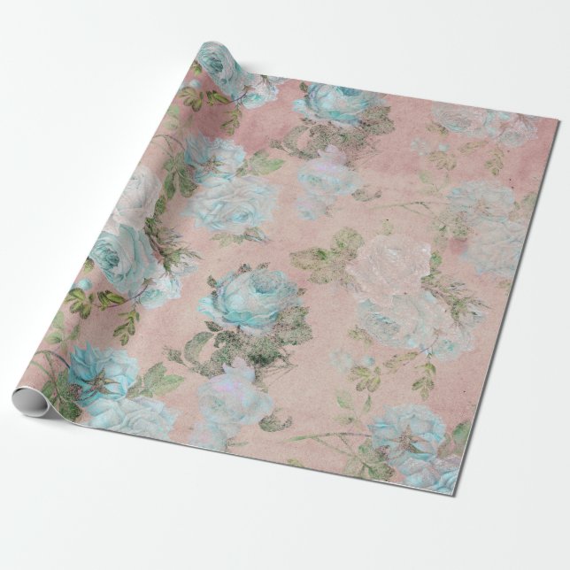 Blue Roses on Blush Pink Wrapping Paper (Unrolled)