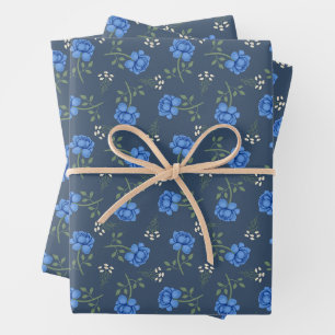 Blue Roses on Dusky Blue Oversized Calico Wrapping Paper Sheet