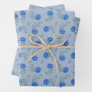 Blue Roses on Light Blue Oversized Calico Wrapping Paper Sheet