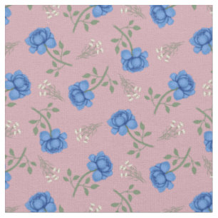 Blue Roses on Pink Calico Fabric