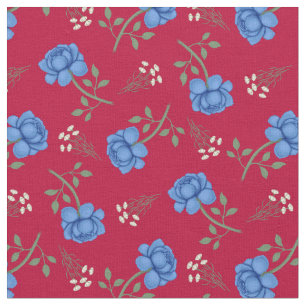 Blue Roses on Red Calico Fabric