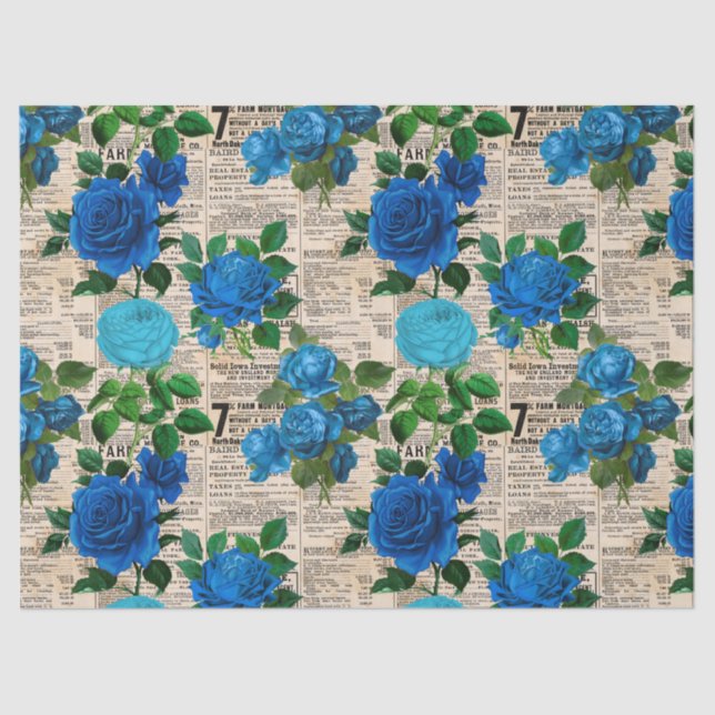 Blue Roses on Vintage Newsprint Decoupage Tissue Paper (Front)