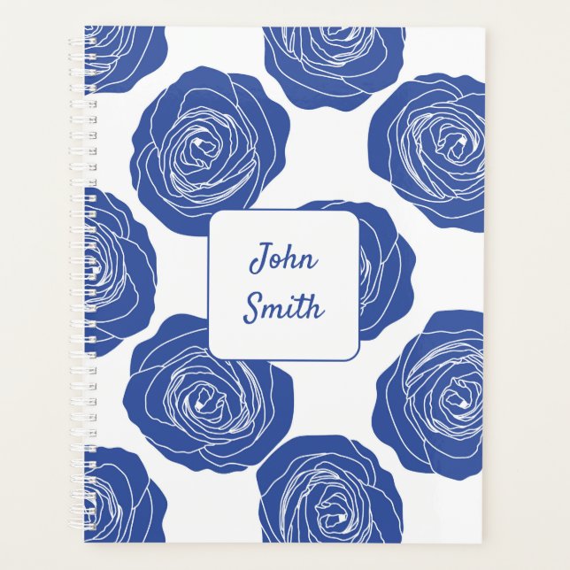 Blue Roses on White_ Floral Pattern Script Planner (Front)