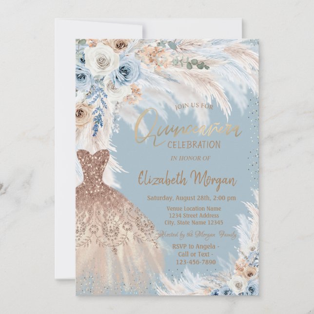 Blue Roses Pampas Grass Dress Light Blue Invitation (Front)