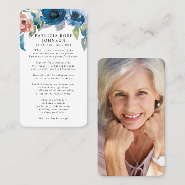 Blue Roses Photo Sympathy Funeral Memorial Card (Front/Back)