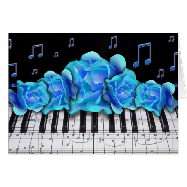 Blue Roses Piano Keyboard and Music Notes (Front Horizontal)