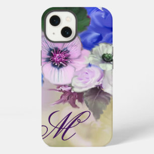 BLUE ROSES, PINK WHITE ANEMONE FLOWERS MONOGRAM iPhone CASE
