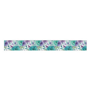 Blue Roses Purple Watercolor Blooms Grosgrain Ribbon