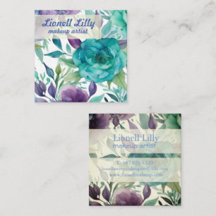 Blue Roses Purple Watercolor Blooms Square Business Card