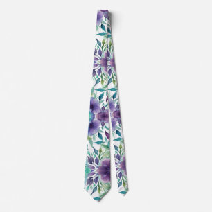 Blue Roses Purple Watercolor Blooms  Tie