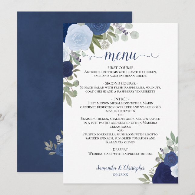 Blue Roses Rustic Boho Floral Elegant Wedding Menu (Front/Back)