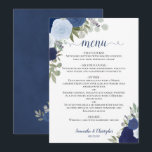 Blue Roses Rustic Boho Floral Elegant Wedding Menu<br><div class="desc">This beautiful wedding menu features a rustic boho chic floral design with script calligraphy lettering and hand painted watercolor roses in shades of dusty blue, navy, and azure. The text is completely customisable with space for the couple's name & wedding date. Elegant, stylish, and chic, this card is a great...</div>
