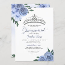 Blue Roses Silver Floral Quinceañera Birthday Invi
