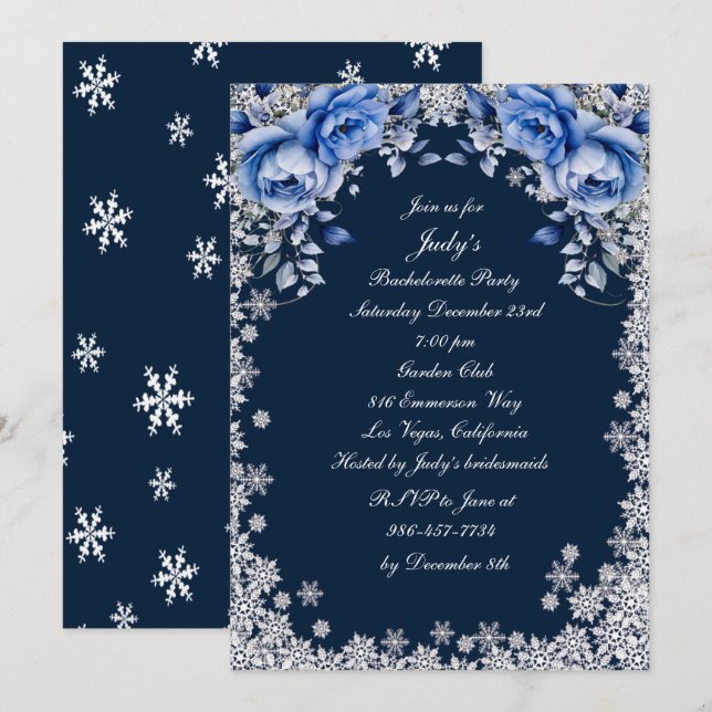 Blue Roses Snowflake Christmas Bachelorette Party Invitation (Front/Back)