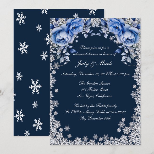 Blue Roses Snowflake Christmas Rehearsal Dinner Invitation (Front/Back)