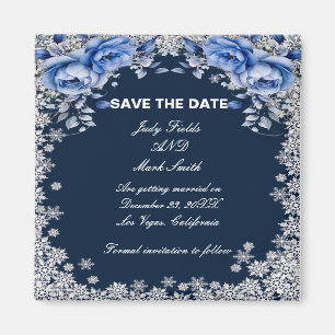 Blue Roses Snowflake Christmas Save The Date Magnet