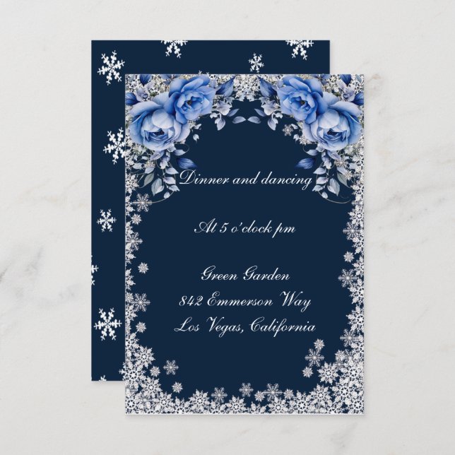 Blue Roses Snowflake Christmas Wedding Reception Invitation (Front/Back)