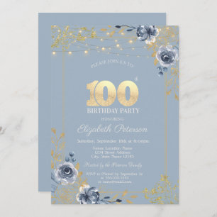 Blue Roses String Lights Dusty Blue 100th Birthday Invitation