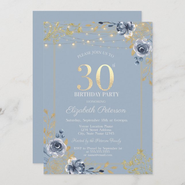Blue Roses String Lights Dusty Blue 30th Birthday Invitation (Front/Back)
