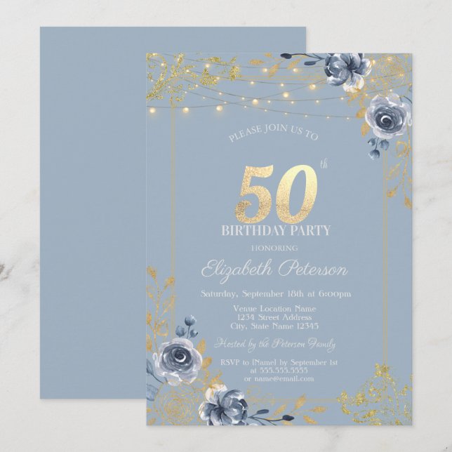 Blue Roses String Lights Dusty Blue 50th Birthday Invitation (Front/Back)