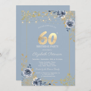 Blue Roses String Lights Dusty Blue 60th Birthday Invitation